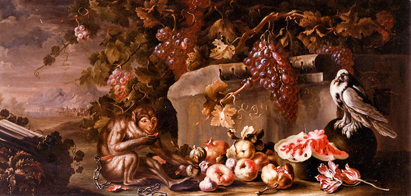 Anonimo — Rubbiani Felice - sec. XVIII - Natura morta con frutta, fiori, scimmia, piccione e frammento architettonico — insieme